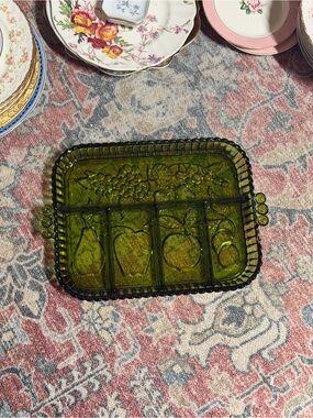 Vintage Green Glass Divided Relish Dish